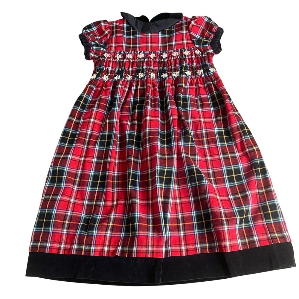 Hanna Andersson plaid red embroidered floral smocked short sleeve dress SIZE 6/7